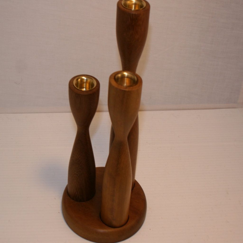 Set of three candleticks in teak wood with teak stand