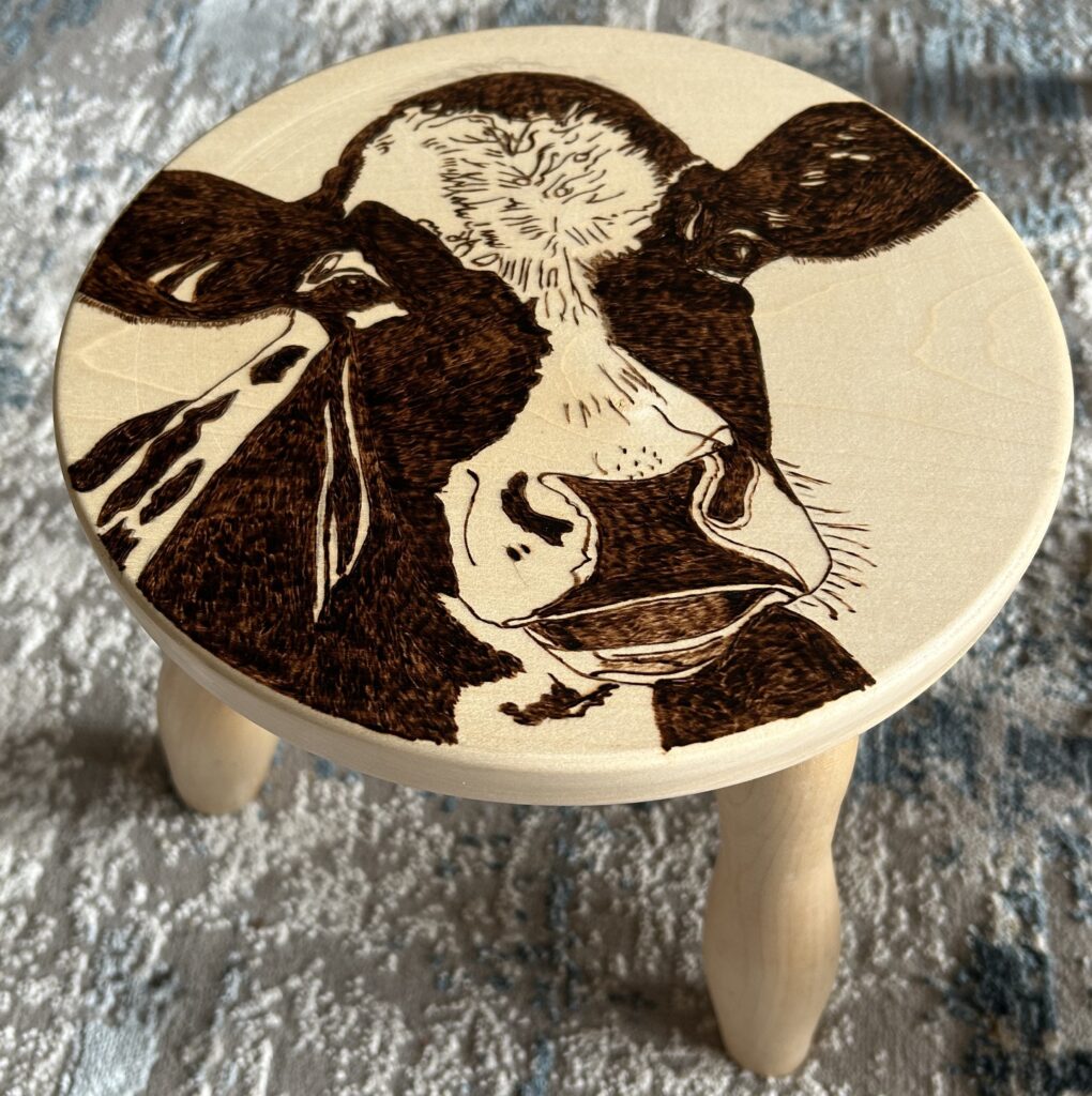 Pyrography-cow-on-handmade-milking-stool